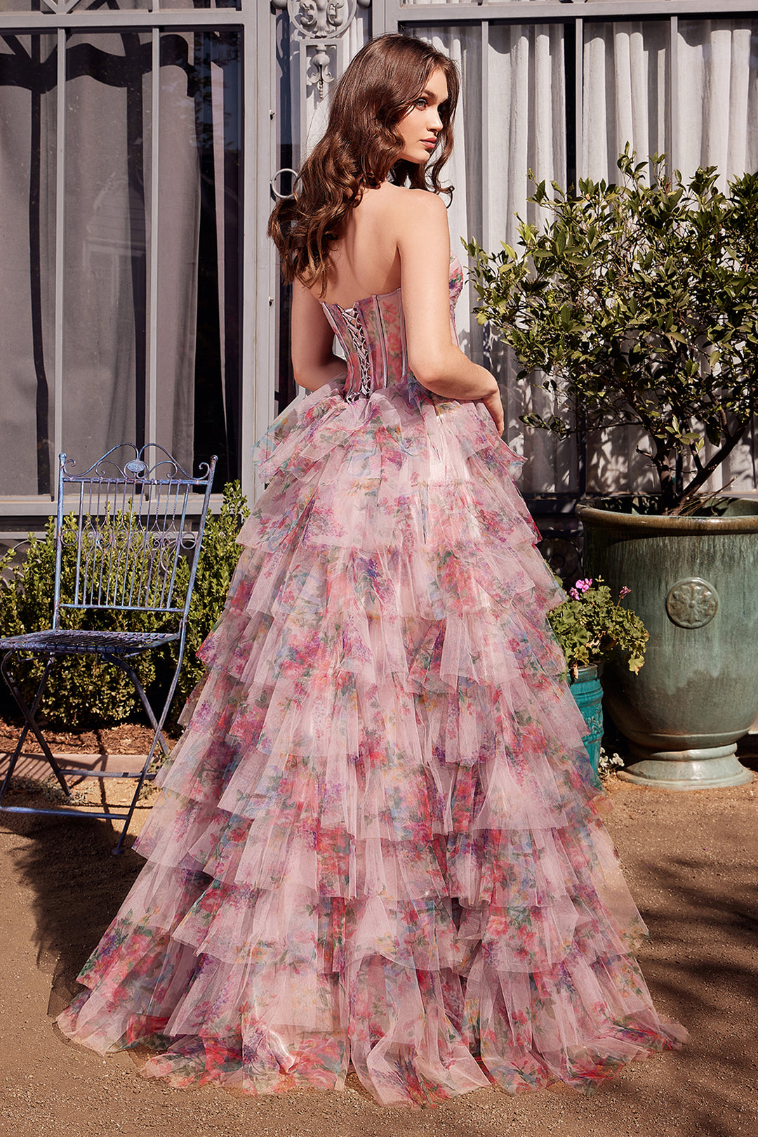 ANDREA & LEO A1463 Print Ruffle Corset Gown