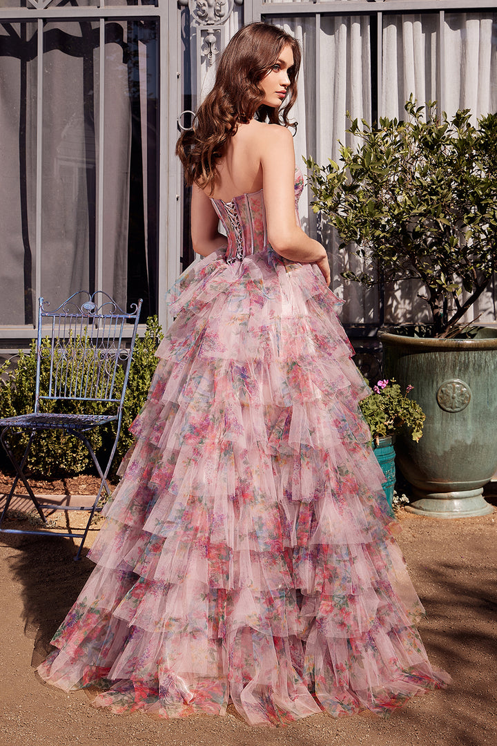 ANDREA & LEO A1463 Print Ruffle Corset Gown