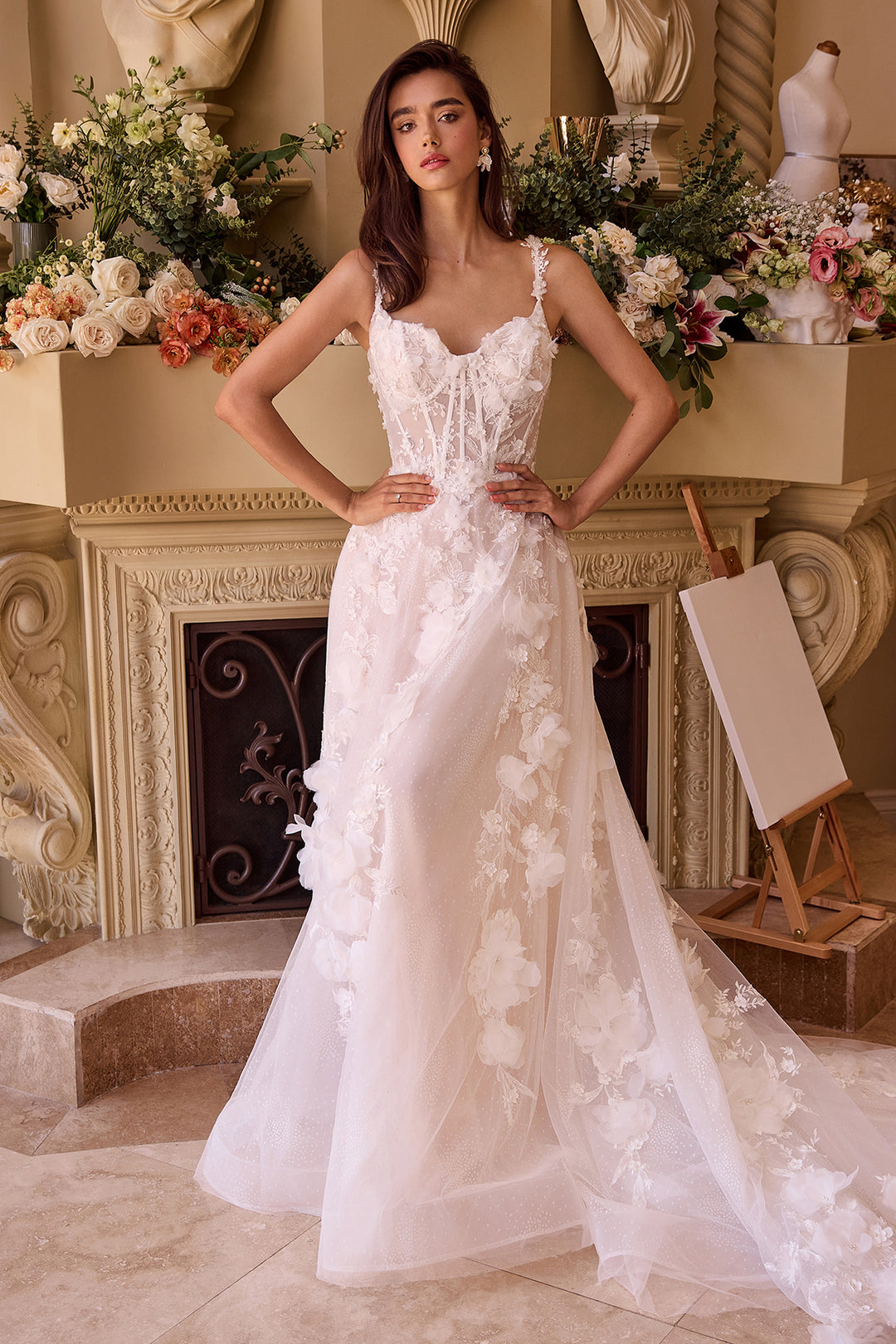 ANDREA & LEO WL045 Intricate Floral Applique A-Line Tulle Wedding Dress