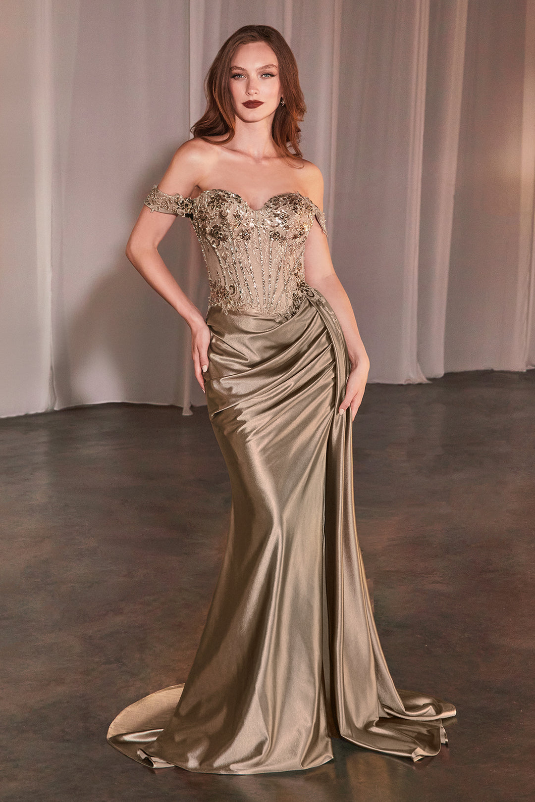 CINDERELLA DIVINE CD803 Off The Shoulder Lace & Satin Fitted Gown