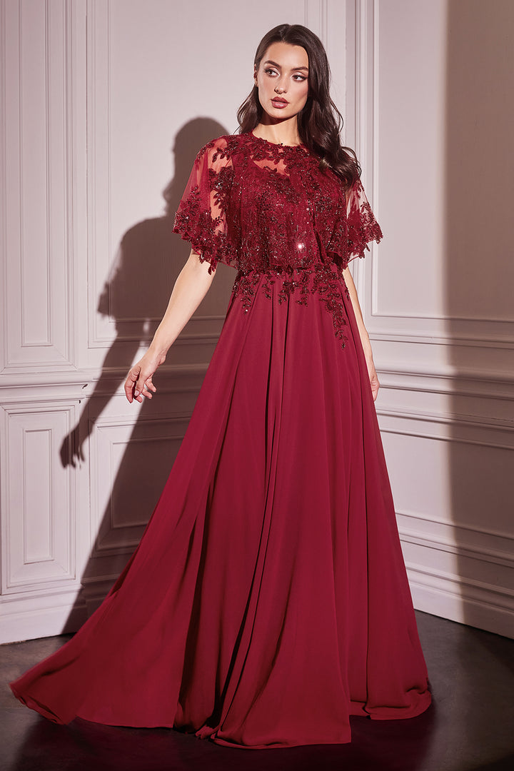 CINDERELLA DIVINE CDS503 Chiffon A-Line Beaded Lace Bodice Dress With Removable Cape