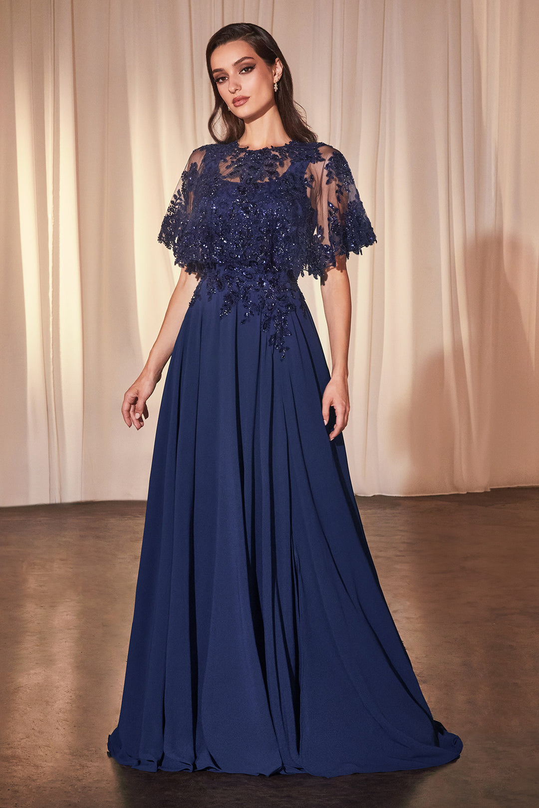 CINDERELLA DIVINE CDS503 Chiffon A-Line Beaded Lace Bodice Dress With Removable Cape