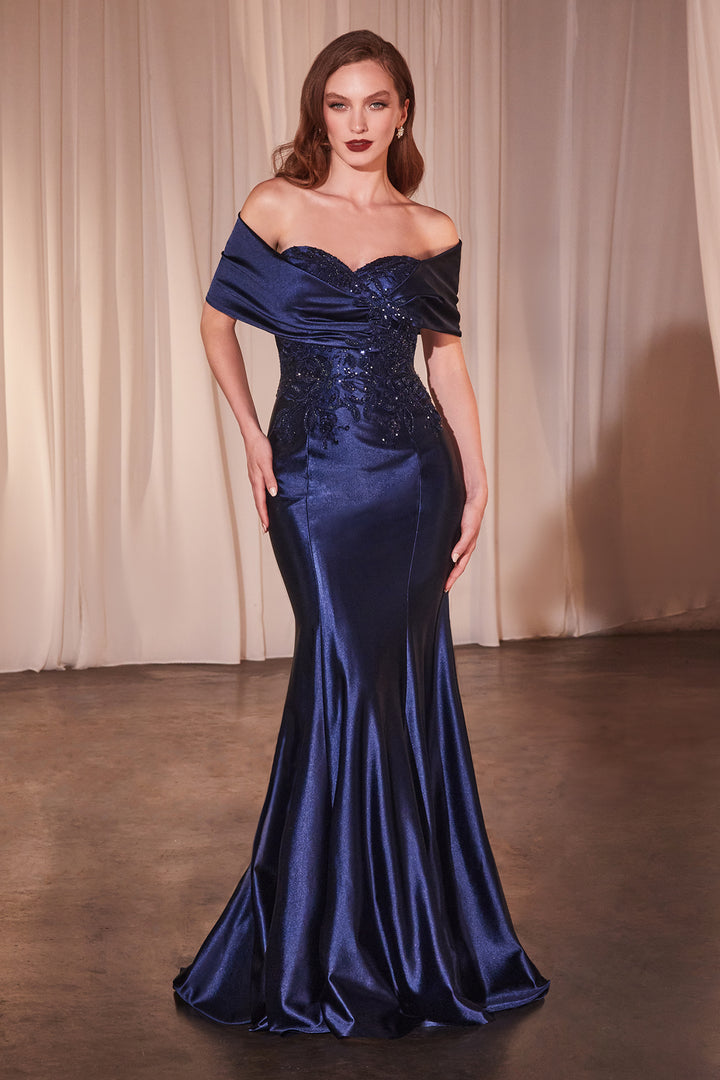 CINDERELLA DIVINE CDS507 Off The Shoulder Satin & Lace Gown