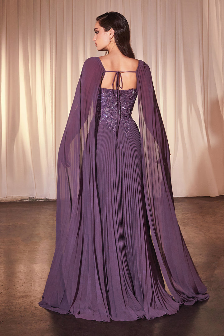 CINDERELLA DIVINE CJ937 Pleated A-Line Gown With Cape Sleeves