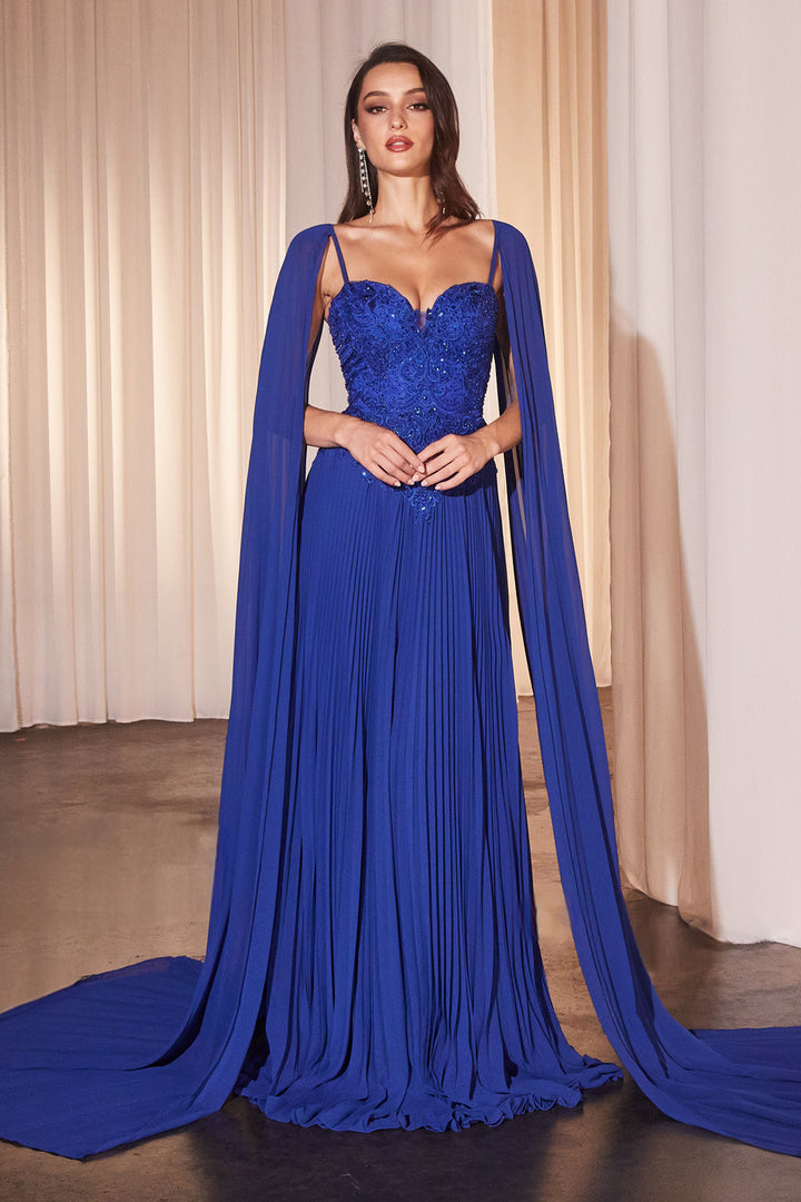 CINDERELLA DIVINE CJ937 Pleated A-Line Gown With Cape Sleeves