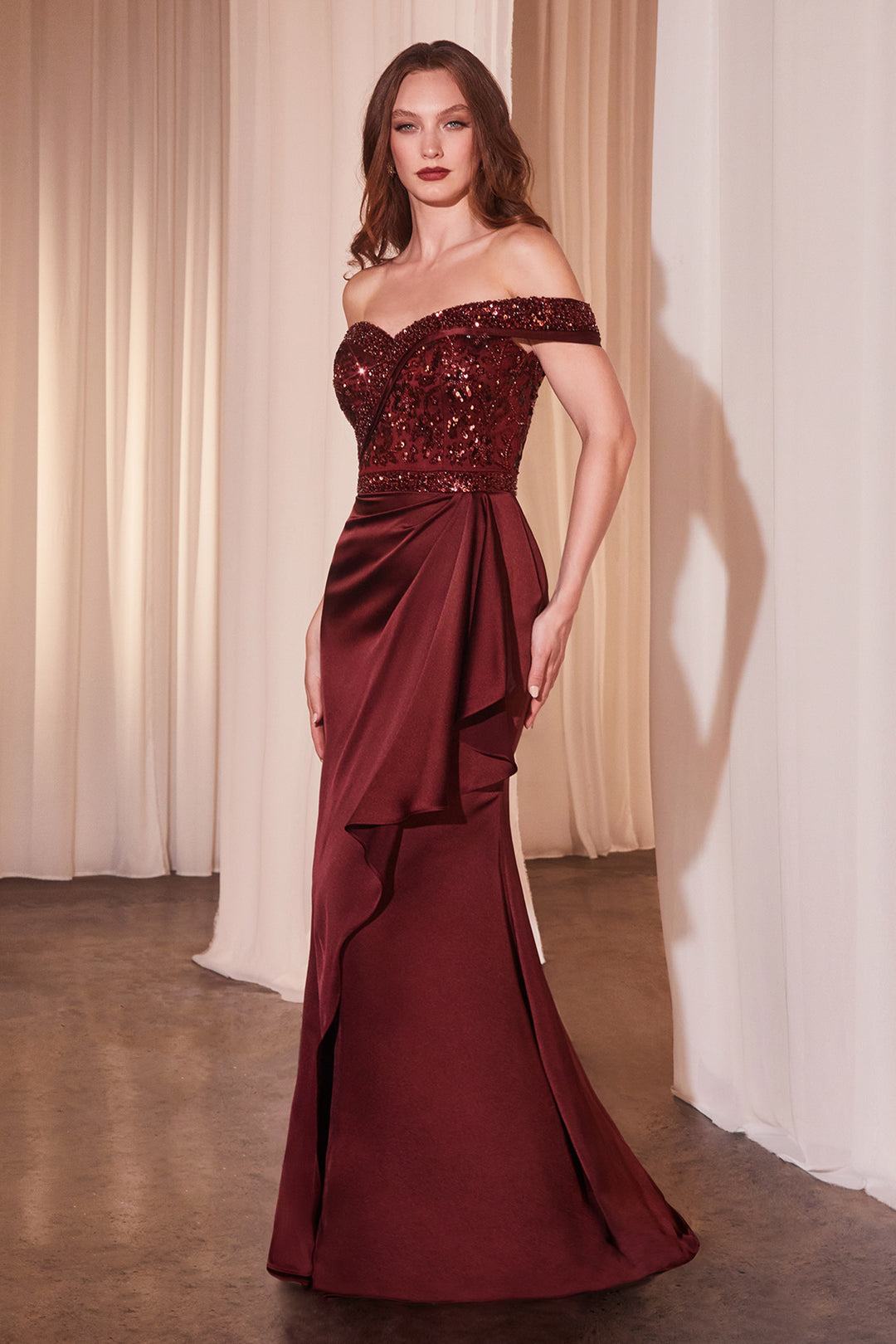 CINDERELLA DIVINE CR877 Off The Shoulder Satin & Beaded Gown