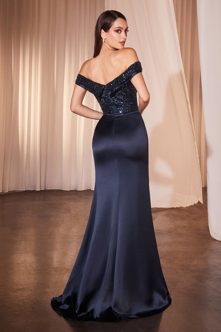 CINDERELLA DIVINE CR877 Off The Shoulder Satin & Beaded Gown