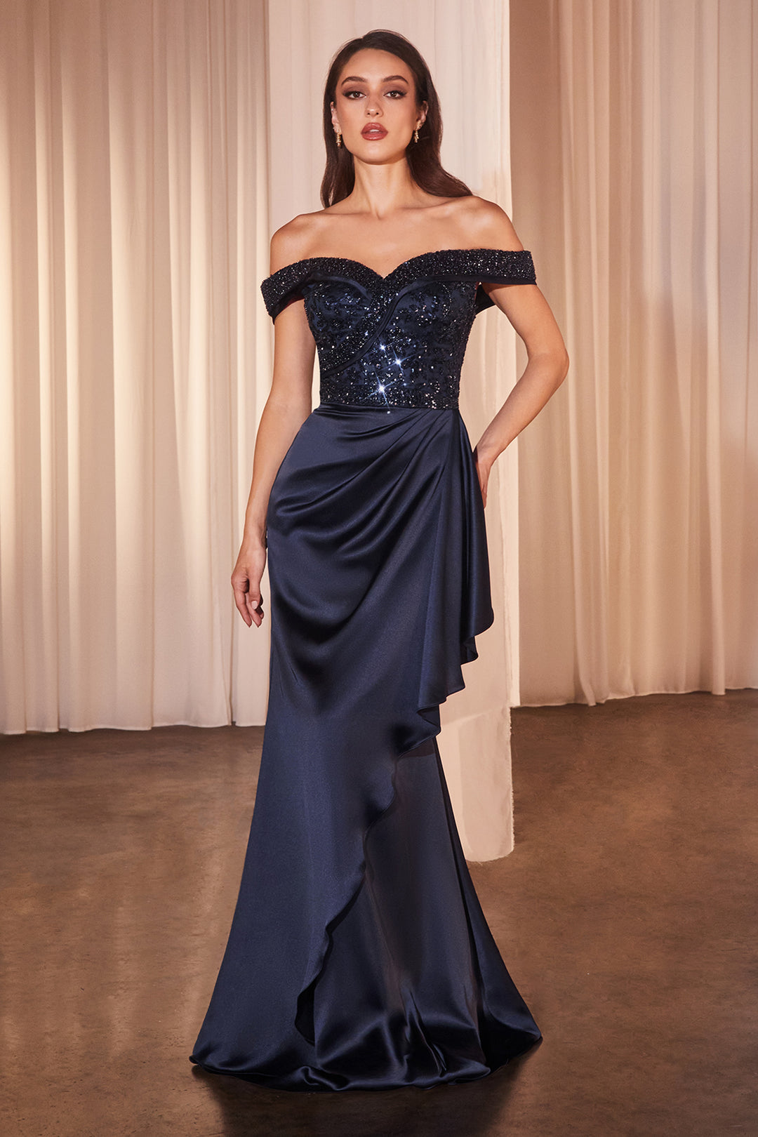 CINDERELLA DIVINE CR877 Off The Shoulder Satin & Beaded Gown