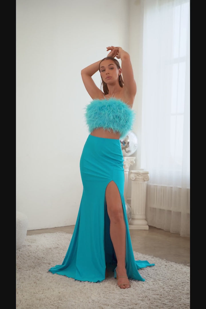 CINDERELLA DIVINE C141 Fitted Two Piece Feather Dress with Slit