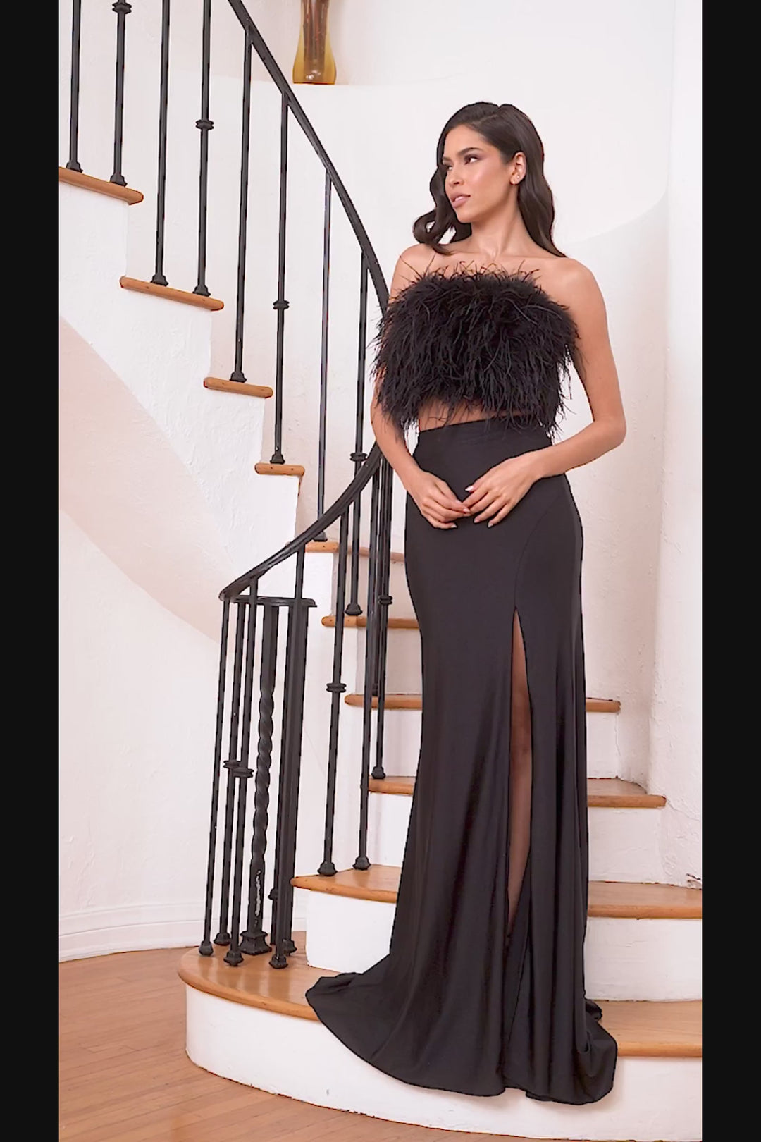 CINDERELLA DIVINE C141 Fitted Two Piece Feather Dress with Slit