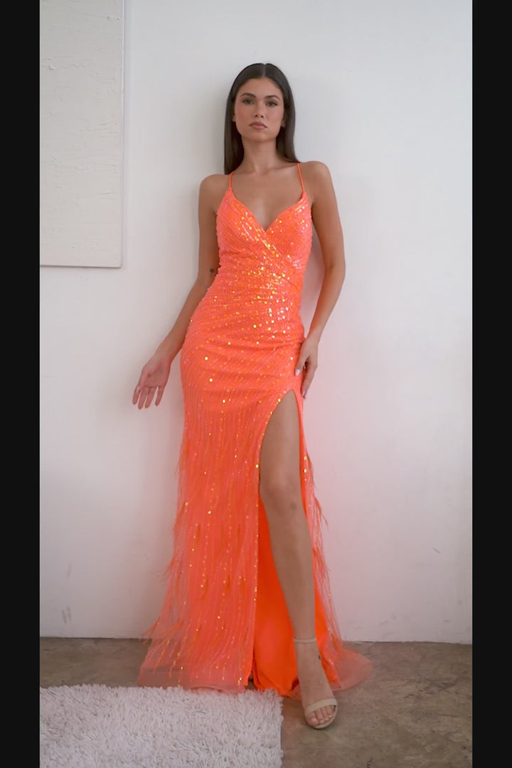 CINDERELLA DIVINE CD0209 Fitted Feather Gown with Slit