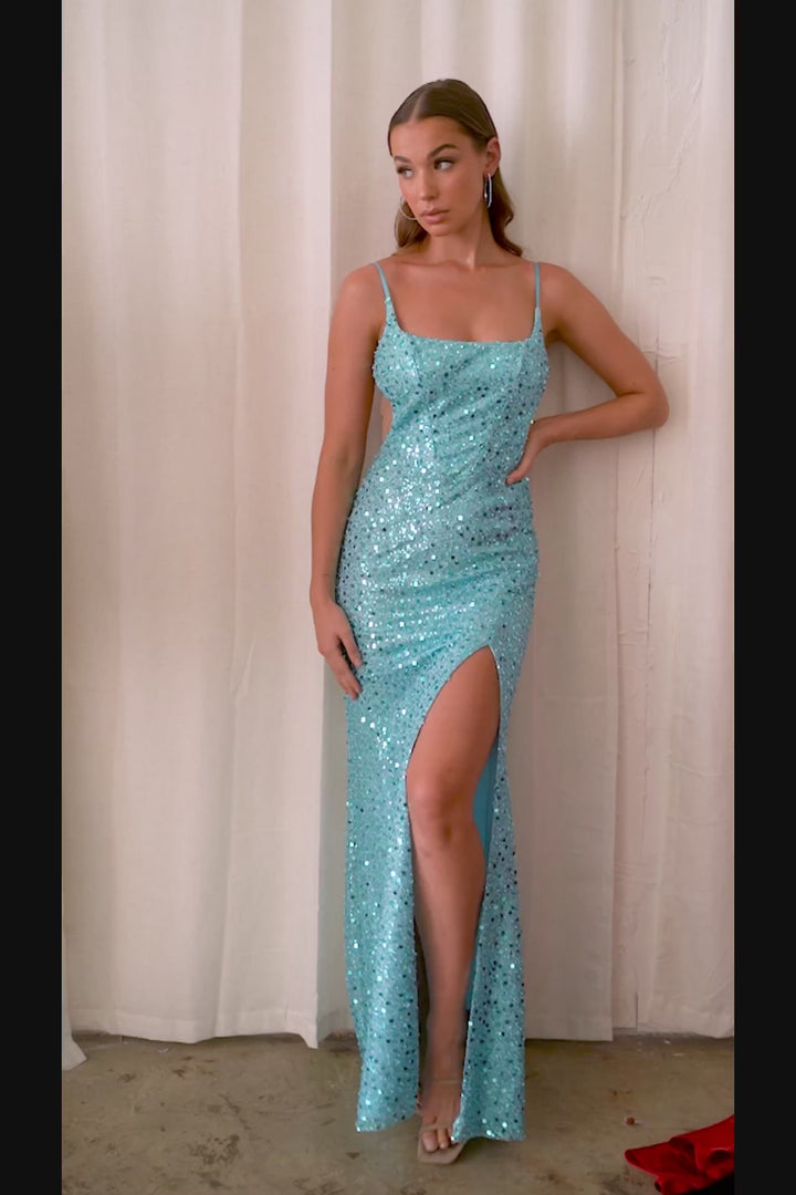 CINDERELLA DIVINE CD262 Fitted Sequin Sheer Side Cutout Gown with Slit