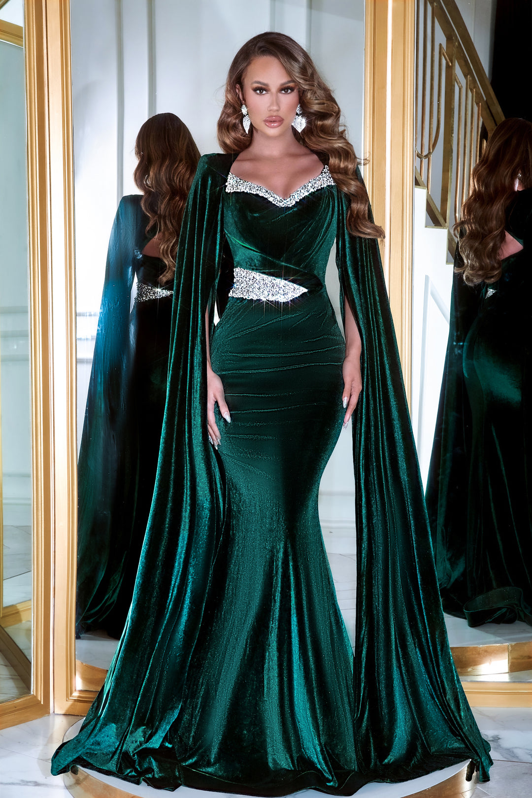 PORTIA & SCARLETT PS23394 Velvet Evening Gown with Cape Sleeves