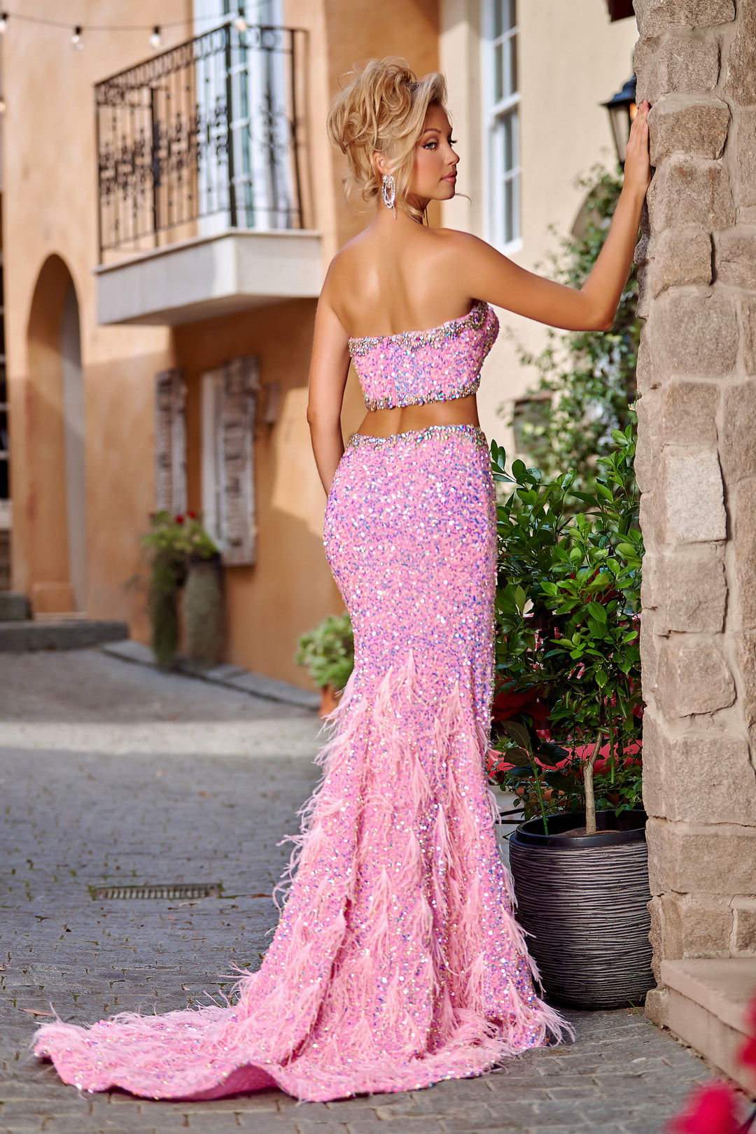 PORTIA & SCARLETT PS24630 Beaded Feather Two-Piece Gown with High-Slit
